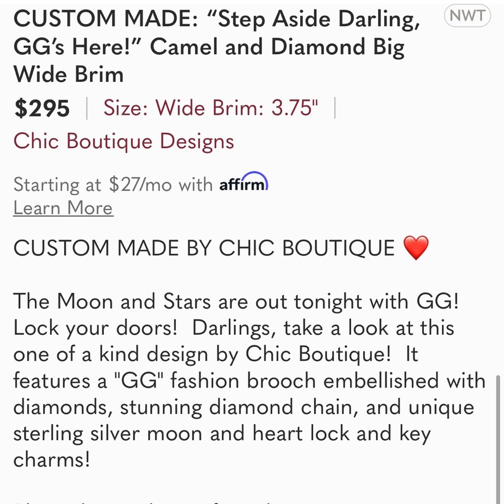 CUSTOM MADE: “Step Aside Darling, GG’s Here!” Camel and Diamond Big Wide Brim - Picture 8 of 9
